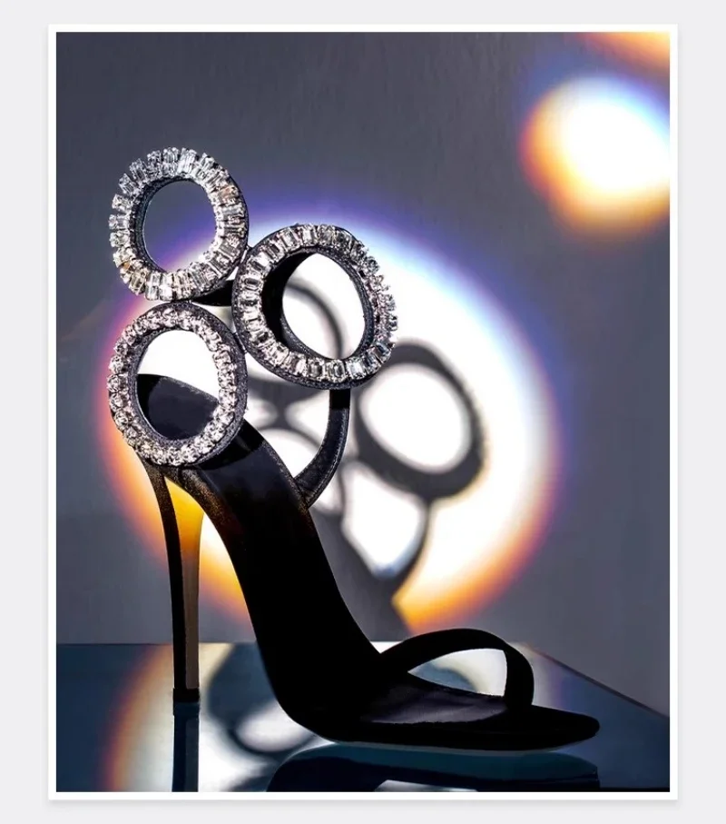 Large Crystal Circle Decorated Black High Heels Rhinestone Open-Toed Rhinestone Stiletto Sandals New Dress Wedding Women's Shoes