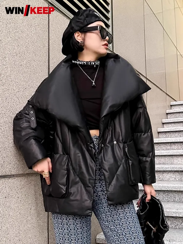 

Women Matte Genuine Leather Down Coat Winter New Style Loose Fit High Street Hip Hop Fashion Warm Large Lapel Sheepskin Jacket