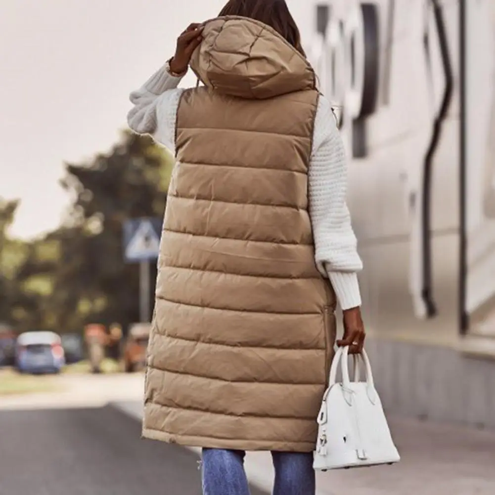 Chaleco de plumón de algodón para mujer, chaqueta cálida sin mangas, con capucha, informal, con cremallera, invierno, 2023