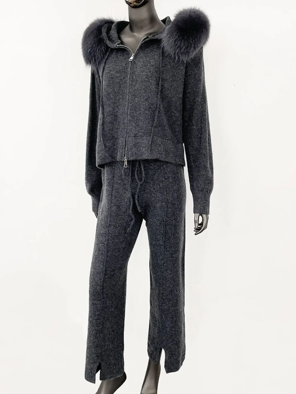 

Knitwear 2024 Autumn and Winter Fashionable Sweater Suit Women Trousers Hooded Jacket with Detachable Fox Fur Collar Fur Coat