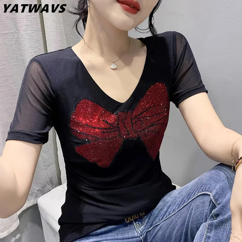 

New Summer Korean Clothes T-Shirt Sexy V-Neck Shiny Sweet Bow Tie Diamonds Women Tees Tops Female Short Sleeve Pleated TShirt