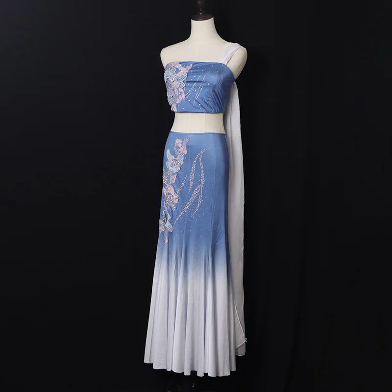 ダイ民族舞踊衣装 パフォーマンス衣装 ダンスドレス 孔雀舞 練習用 女性 ラインストーンフリンジドレス ミラー