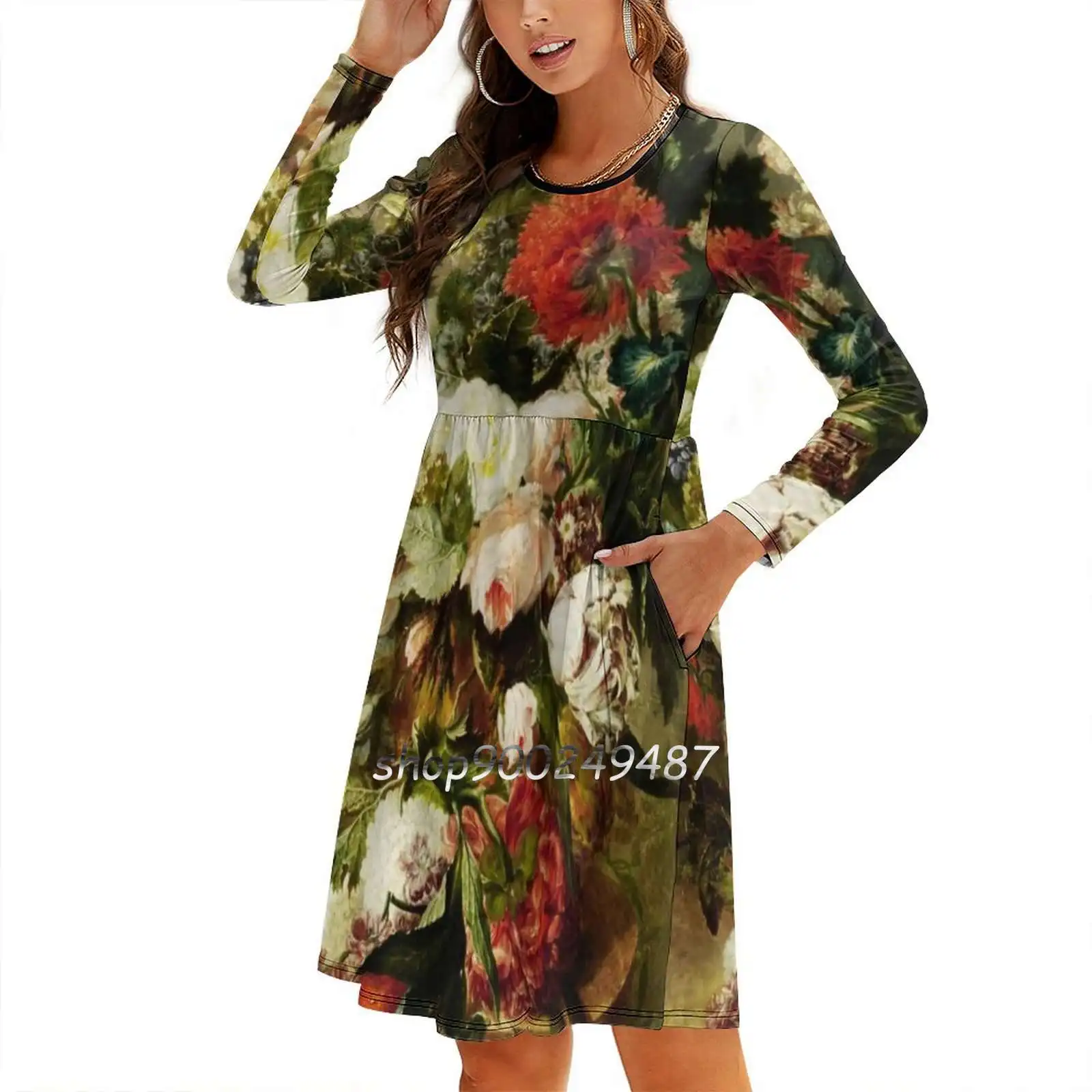 Vintage Floral Oil Painting Square Neck Dress New Plus Size Elegant Women Waist Tight Dress Floral Vintage Peonies Roses Floral