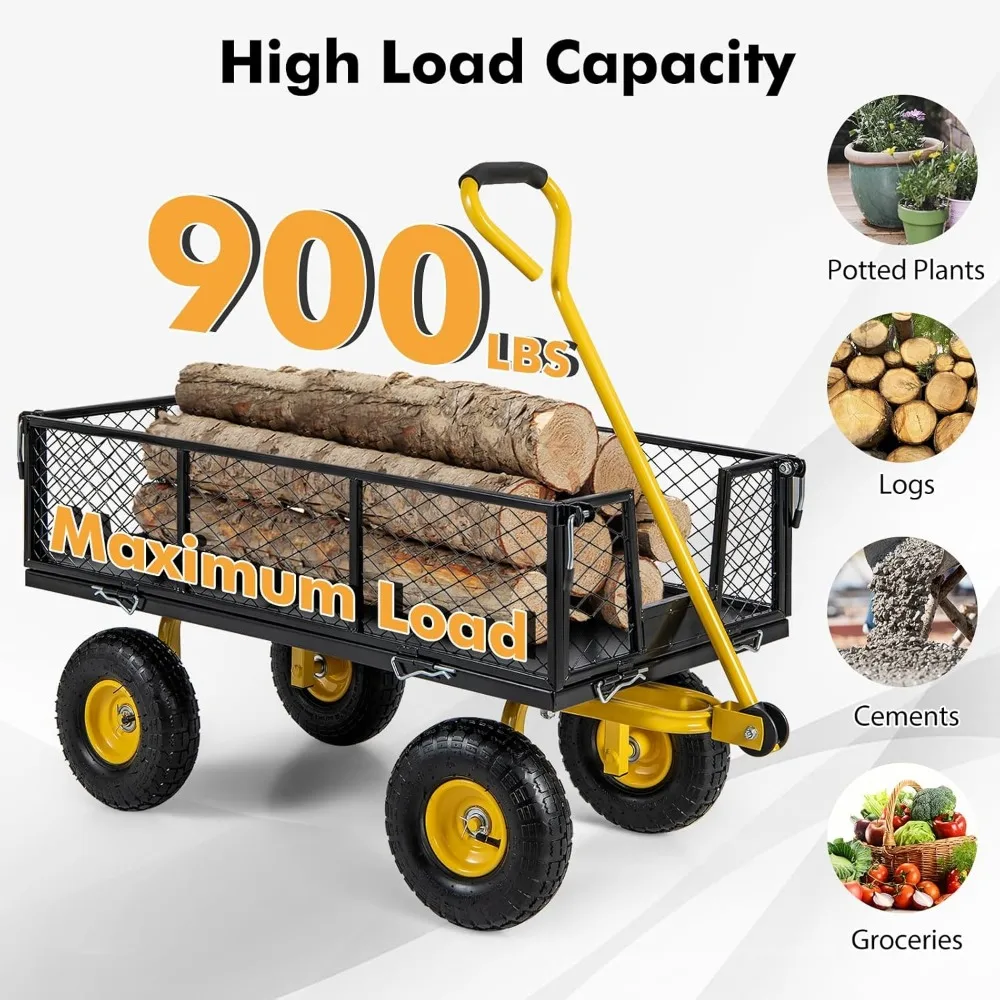 Mesh Steel Garden Cart 900lbs Capacity, 4 Removable Sides, 10 Pneumatic Tires, Adjustable Handle, Utility Wagon for Outdoor Task