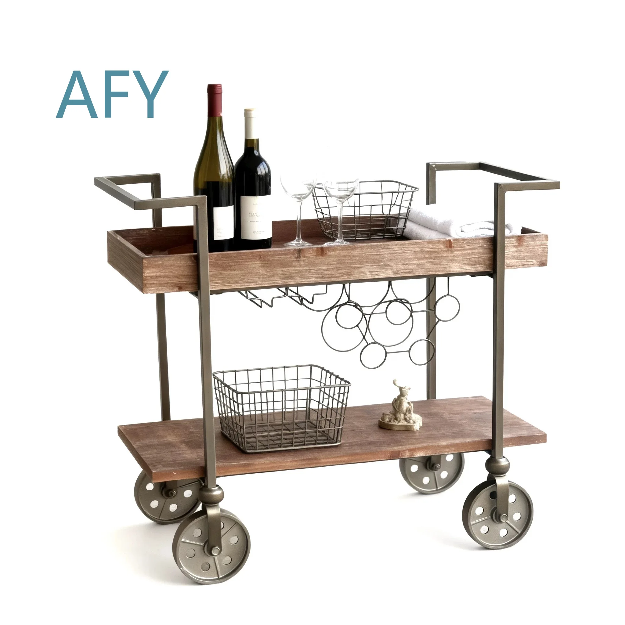 Industrial Rustic Bar Cart with Wheels for Home Bar Kitchen Dining Room Living Room 2-Tier Rolling Serving Cart with Wine