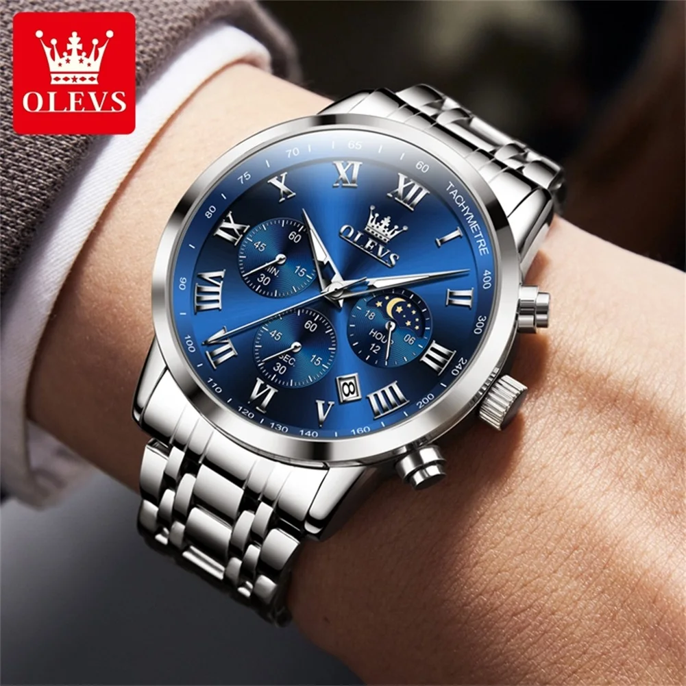 OLEVS 5529 Moon Phase Quartz Watch For Men Chronograph Stainless Steel Waterproof Watches Luxury Original Roman Scale Man Watch