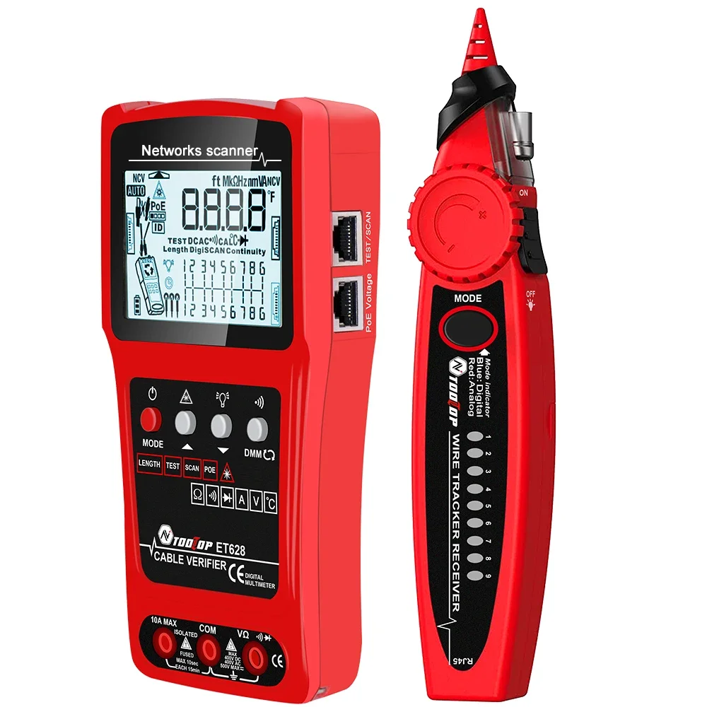 TOOLTOP ET628 LAN Cable Tester 10KM Visual Fault Locator Multimeter 3 in 1 LAN  Length Measure Anti-noise Line Tracker POE Test