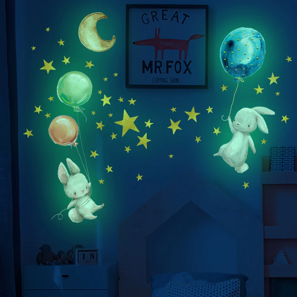 Cartoon Bunny Balloon Wall Sticker Bedroom Living Room Home Decoration Kids Room Wallpaper Glow In The Dark Cute Rabbit Stickers