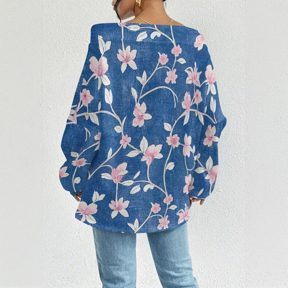 المرأة الأزرق خمر الأزهار طباعة البلوز قبالة الكتف الرباط البلوز الأعلى مع الزهور الوردية فضفاضة تناسب بلوزة عادية