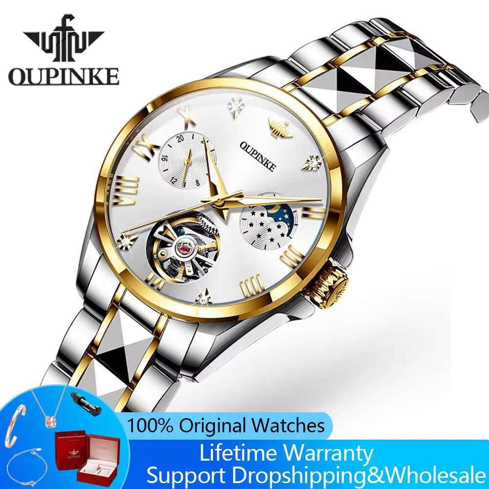 OUPINKE 3202 Skeleton Flywheel Automatic Women's Watches Moon Phase Waterproof Glow Elegant Luxury Mechanical Watches for Woman