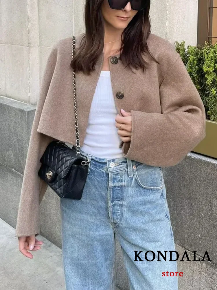 KONDALA Casual Women Jackets Solid Camel O Neck Covered Button Long Sleeve Loose Coats Fashion 2023 Autumn Winter Jacket Outwear