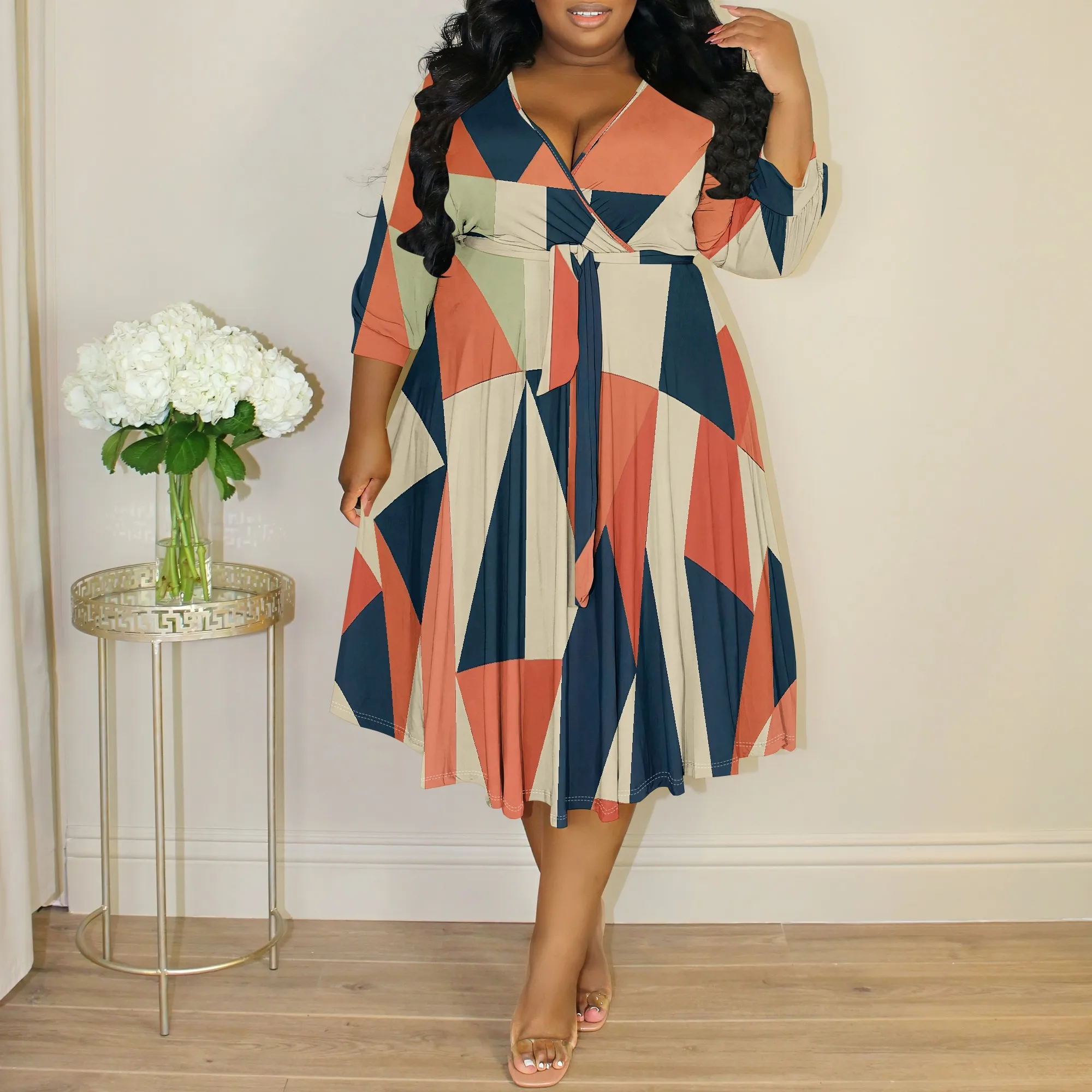 

Plus Size Geometric Pattern V-Neck Dress for Women 2025 New Arrival - Elegant & Trendy Dress for Parties, Office, XL-6XL