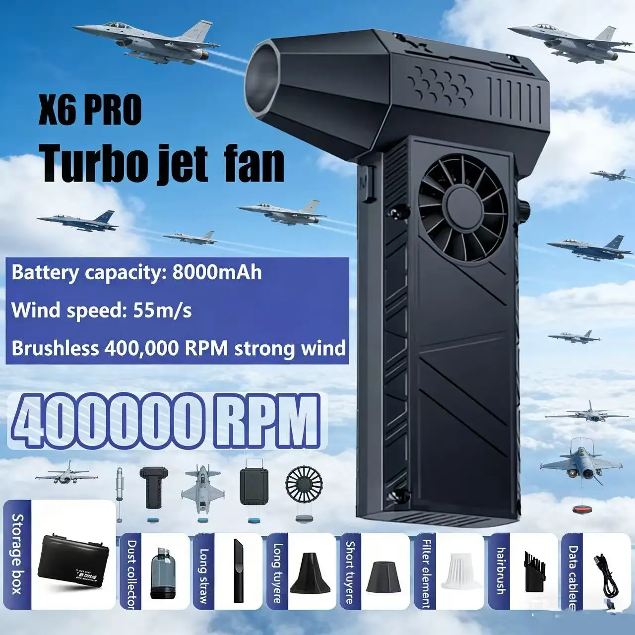 

2026NEW X6 Мощный воздуходувка 250000 об/мин Бесщеточный жестокий вентилятор Вакуумный пылесос Сильный ветер 55 м/с Турбоструйный вентилятор Type-C Re