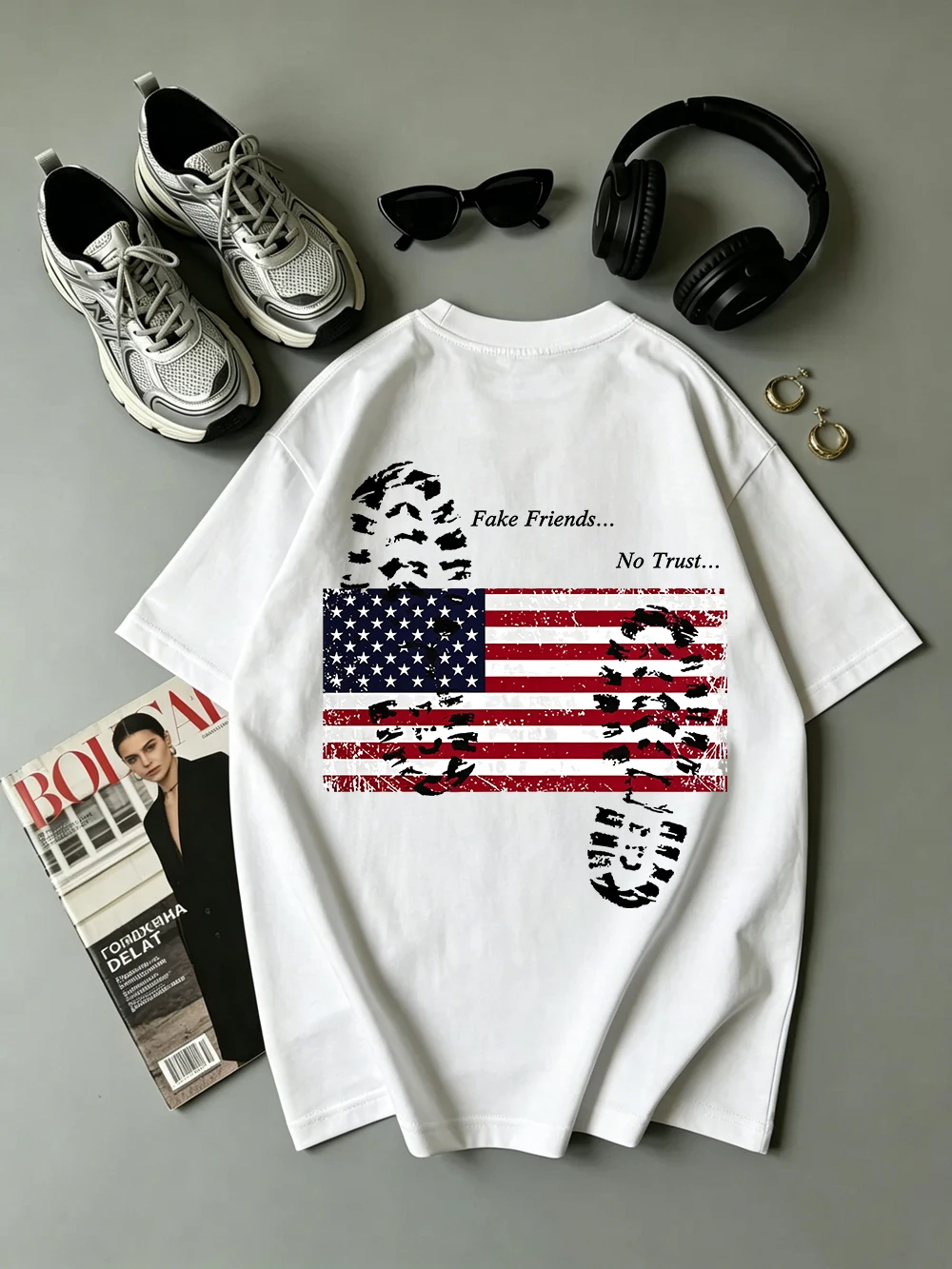 Fake Friends No Trust American Prints Cotton T-Shirts Womens Summer Oversized Tops O-Neck Soft Short Sleeve Tees Basic Clothes