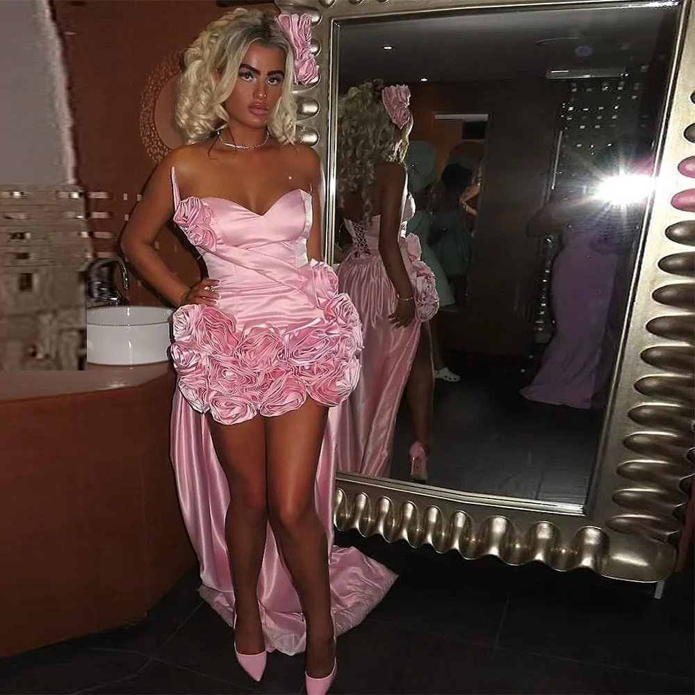 

Pink Satin Cocktail Dress For Women Mini Short Sheath Cocktail Gown Strapless Flowers Holiday Party Gown Sleeveless With Train