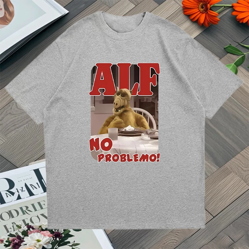 Camiseta con estampado con dibujo de ALF NO PROBLEMO para hombre y mujer, camiseta de manga corta con cuello redondo, Top informal holgado de algodón puro, Popular de verano 2025
