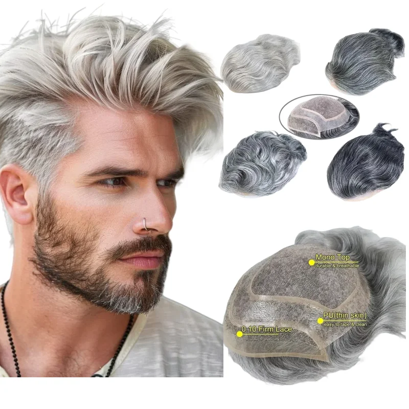 

Мужской парик с серой моно-базой 8x10 дюймов, 100% кружево из натуральных волос с искусственной медицинской заменой волос, цвета 1B60 # 4 1BT60