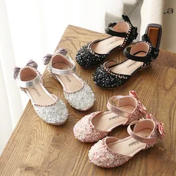 Nuove scarpe in pelle per bambini Scarpe da sposa per ragazze Sandali da principessa per bambini Paillettes Fiocco Scarpe da ballo casual per ragazze Sandali piatti