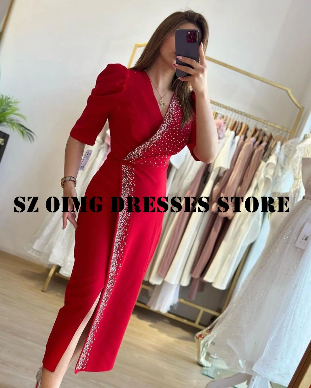 OIMG New Design Beading V-Neck Sheath Prom Dresses Arabic Women Ruched Half Sleeves Red  Gowns Formal Party Dress Customized