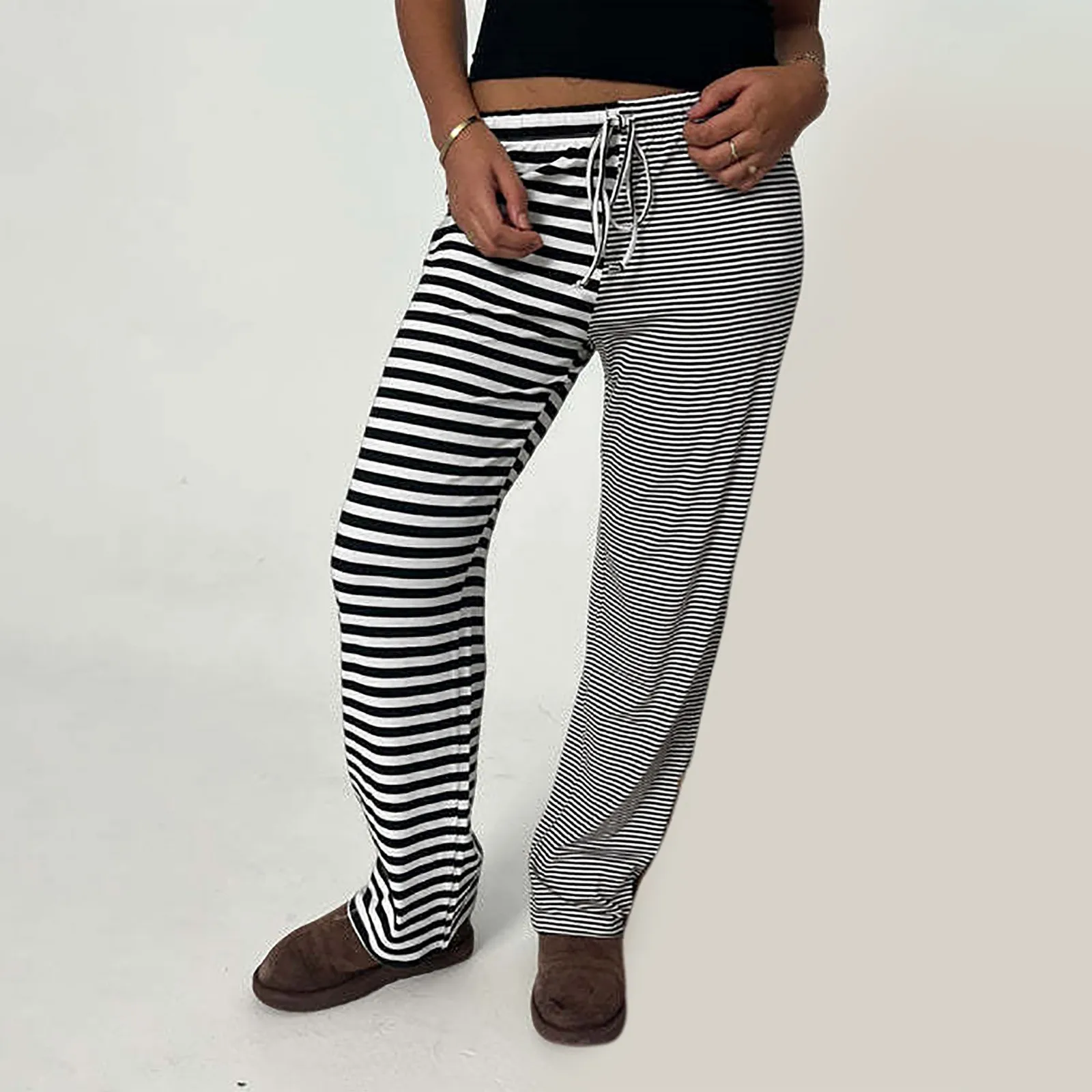 

Women Fashion Stripes Loose Casual Comfortable High Waisted Lace Up Pants Wide Leg Sweat Pants Rhinestone Pants