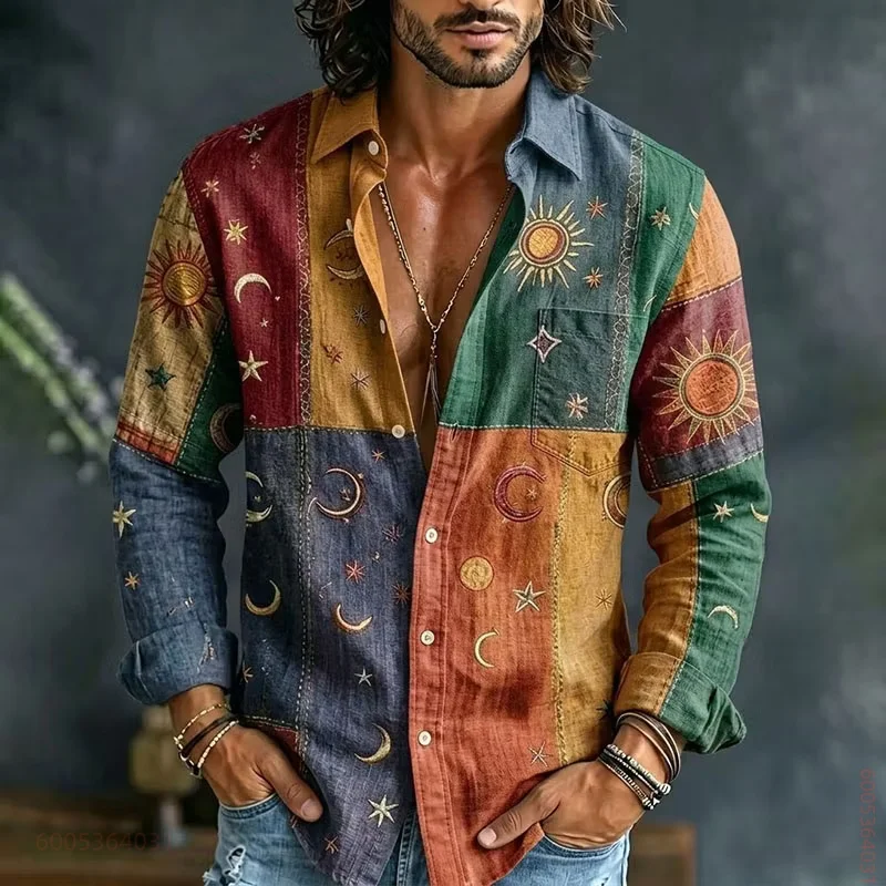 Men's long sleeved shirt with sun, moon, stars printed shirt, versatile and fashionable top for daily commuting and gatherings