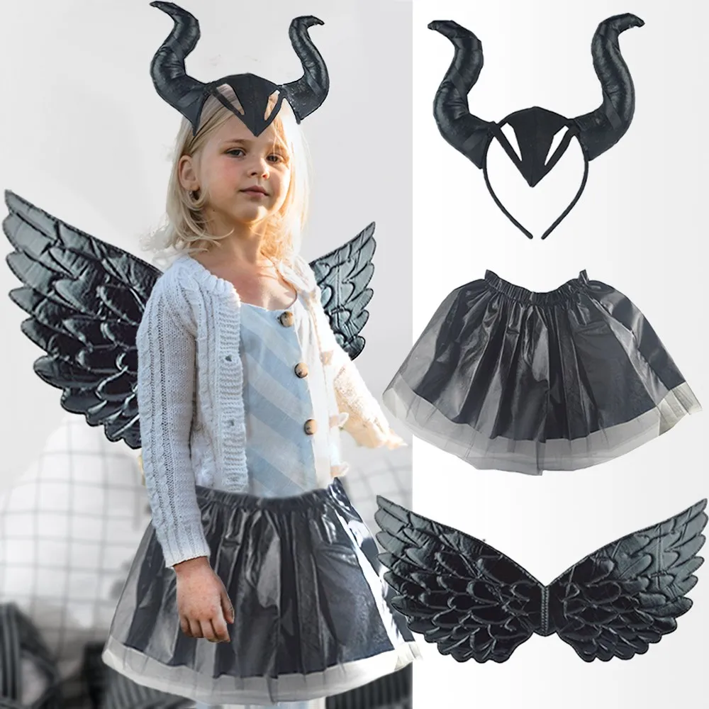 Kids Black Queen Demon Ox Horn Wings Skirts Cosplay Costume Suits Children Girls Halloween Evil Devi Angel Party Clothes Props