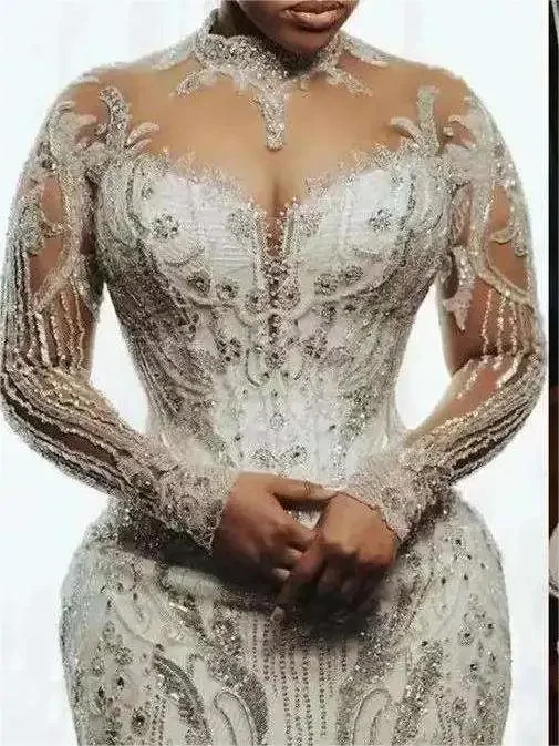 

Customized New Luxury Sequin Beaded Long Sleeve African Custom Made Mermaid Wedding Dress Bridal Gown 2024