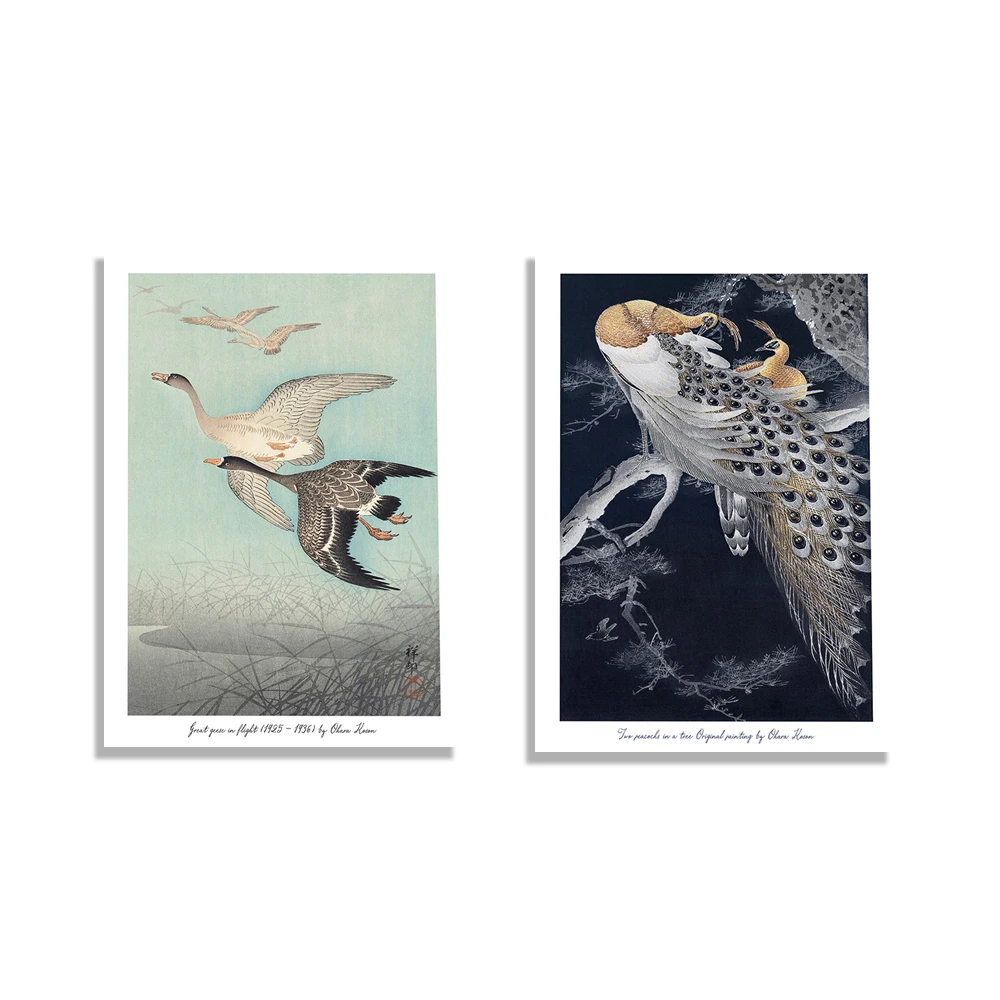Japanese Poster Vintage Print Botanical Art Two Peacocks And Goose Design by Ohara Koson Ancient Nature Theme Decor