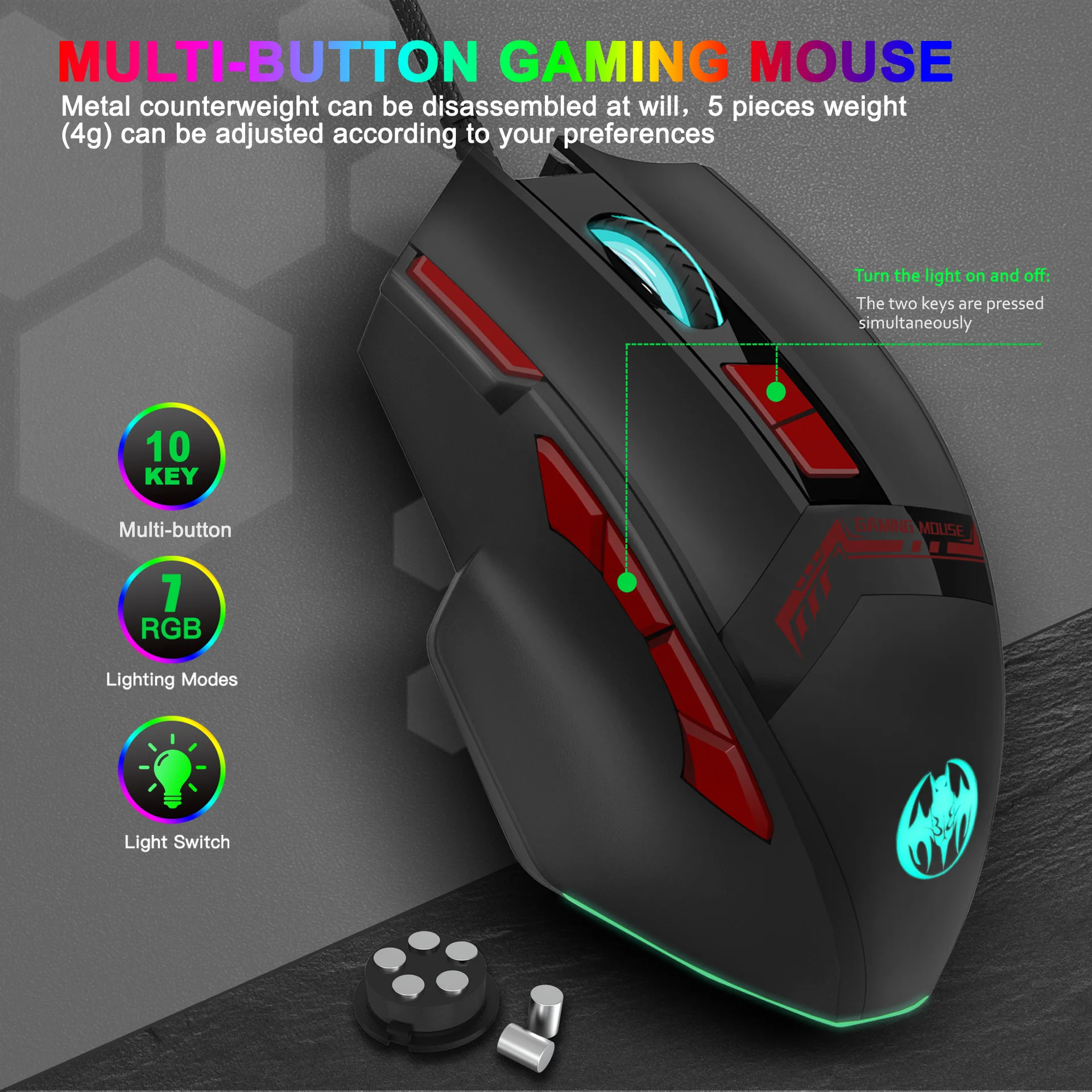 10 key RGB wired gaming mouse USB computer mouse 7 color hair photoelectric  wired mouse