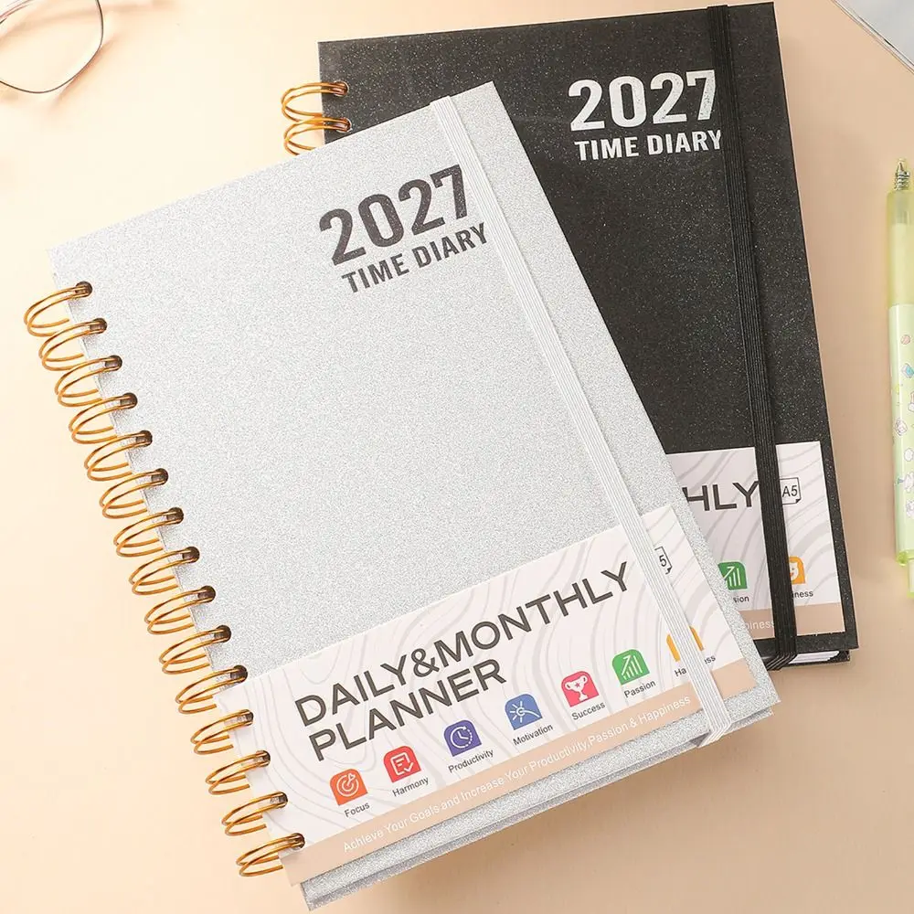 A5 2027 Schedule Planner English with Elastic Band Daily Notepad Spiral Notebook 336 Pages Agenda Planning Notebook