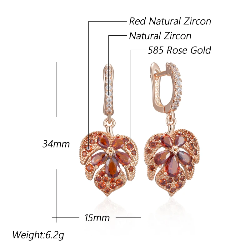 Kinel التصميم الأصلي لامعة الأحمر الطبيعي الزركون مابل ليف أقراط للنساء موضة 585 ارتفع الذهب اللون اليومية غرامة مجوهرات #2