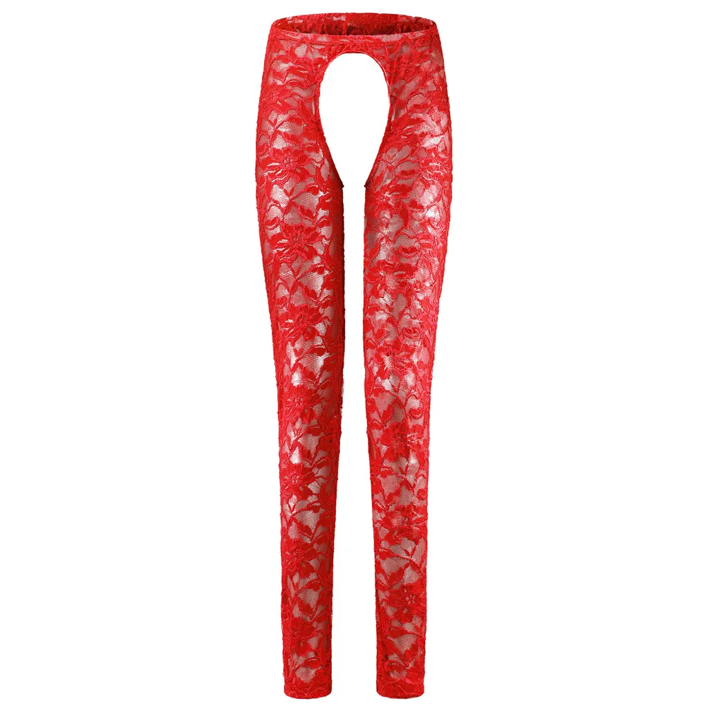 Men's Floral Lace Crotchless Sheer Pants, Open Crotch Transparent Lingerie Leggings - view 2