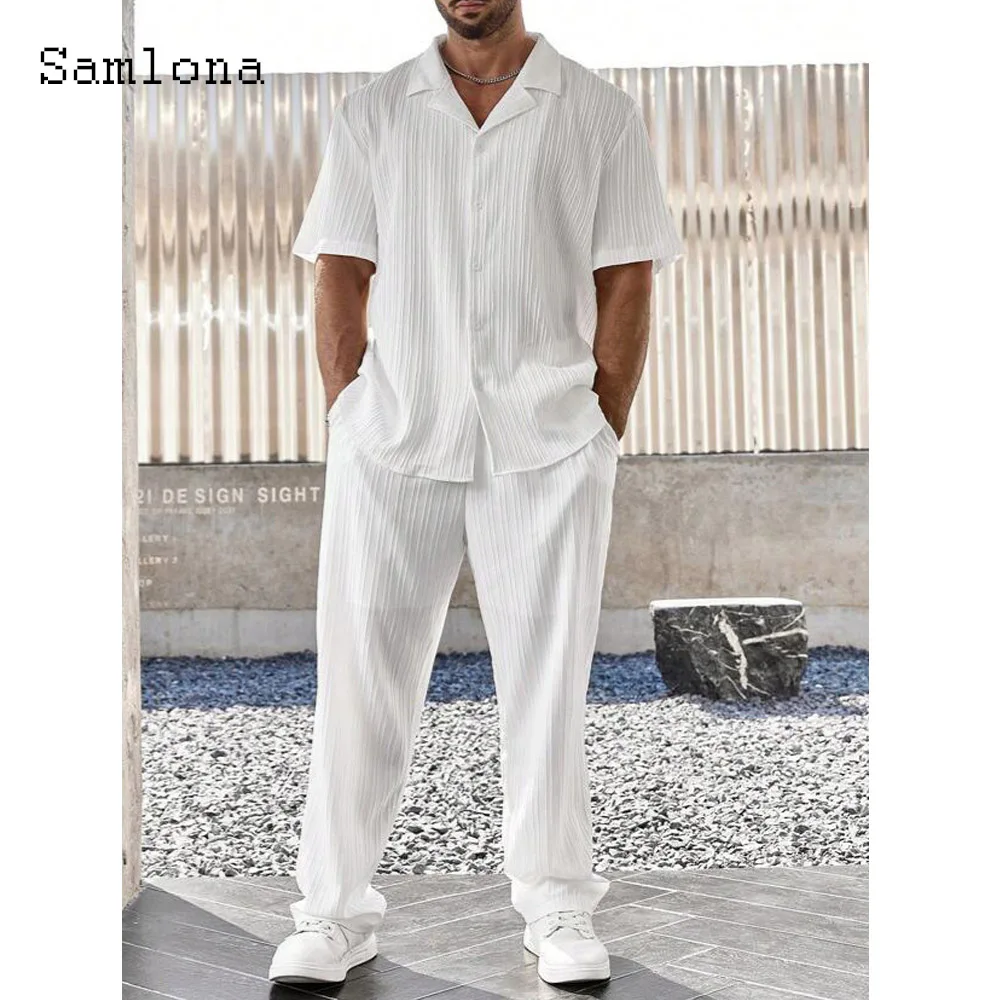 Plus Size Mens Casual Daily Two Piece Sets 2025 Short Sleeve Basic Tops and Straight Pants Suit Male Fashion Tracksuits Set New