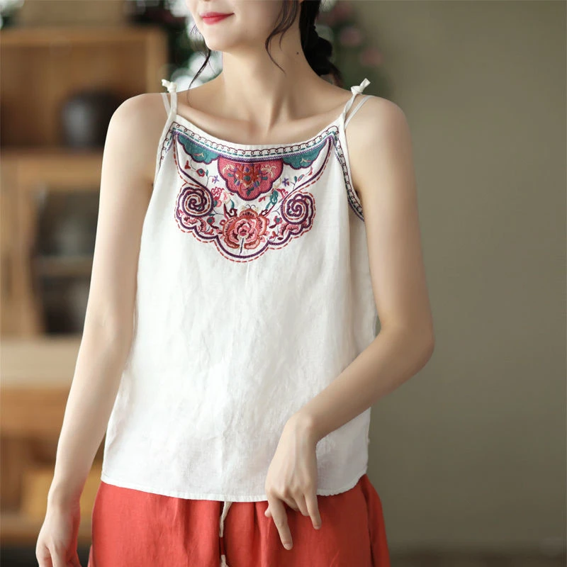 Vintage Woman Tank Tops Summer Solid Cotton Linen  Embroidery Spaghetti Strap Camis Loose Casual Blusas Tunic Tops Tee