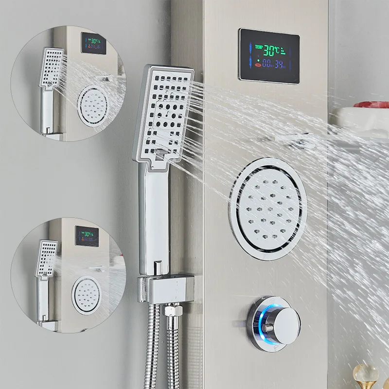 Hot Sell Bathroom Wall Mounted Stainless Steel Waterfall Shower Column SPA Massage Jet Digital Display LED Shower Panels