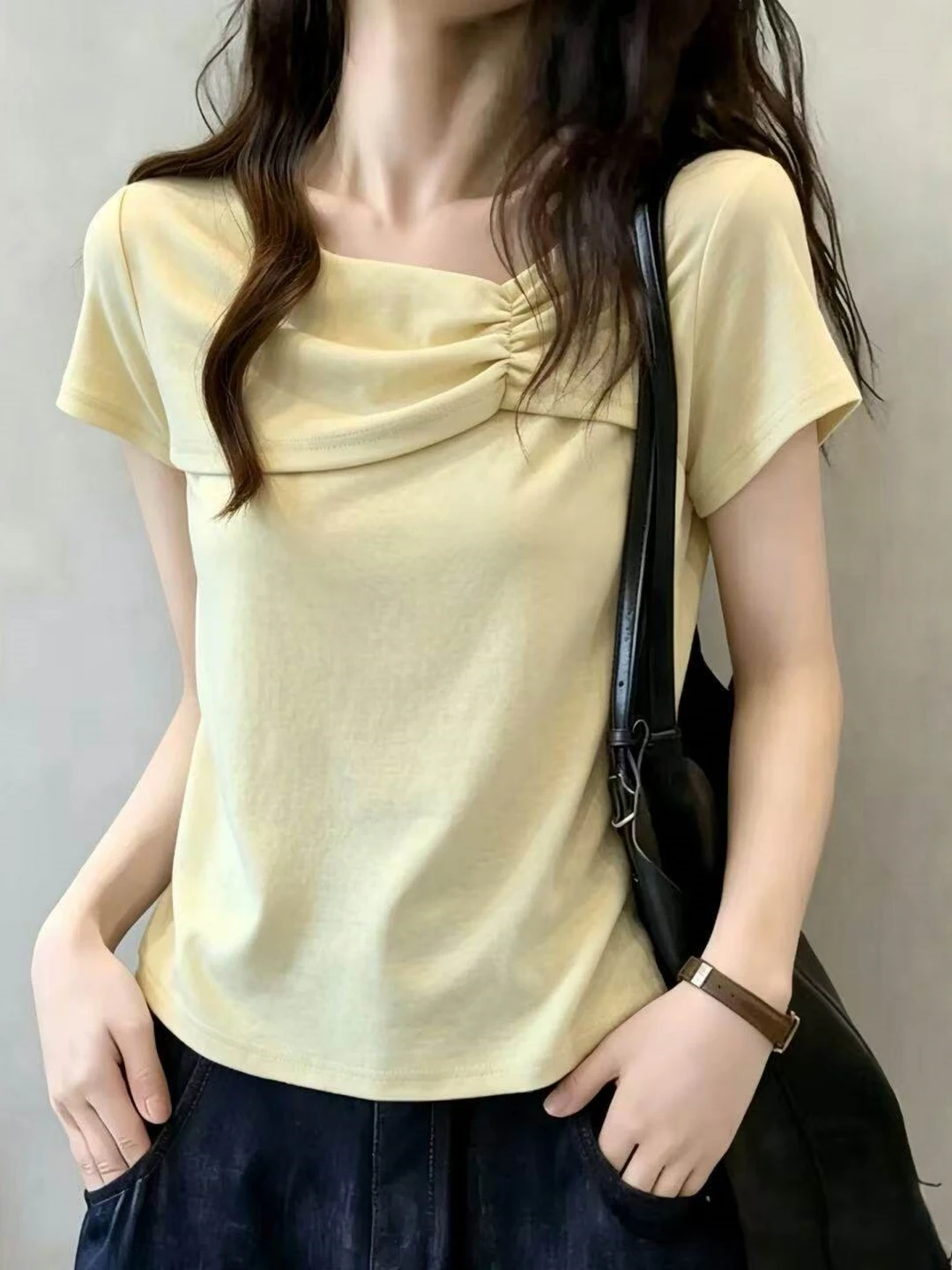 Camiseta de manga corta ajustada a la moda para mujer de talla grande, estilo coreano, estilo casual, color liso, top de vera...