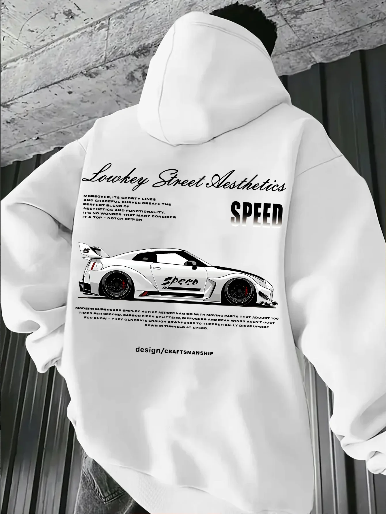 2026 New Arrival Sports Car Graphic Hoodie for Men White Street Racing Aesthetic Pullover with SPFRD Letter Print Streetwear