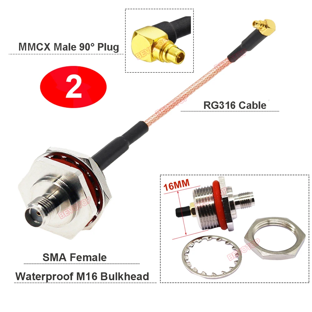 1PCS SMA to MMCX RG316 Cable Waterproof M16 SMA / RP-SMA Female to MMCX Male/ Female Connector RF Coax Extension Jumper BEVOTOP