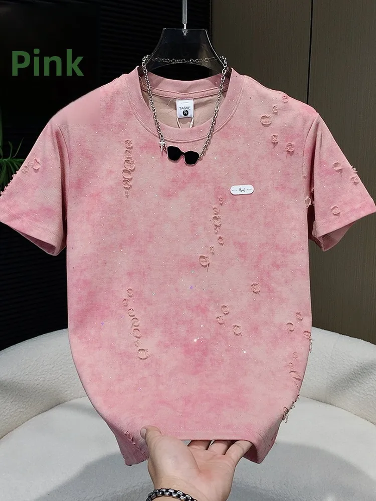 Loose Fit Men's Short Sleeve T-Shirt Korean Style Dyeing Hole Design Summer Trend round Neck Cotton Polyester Casual Wear