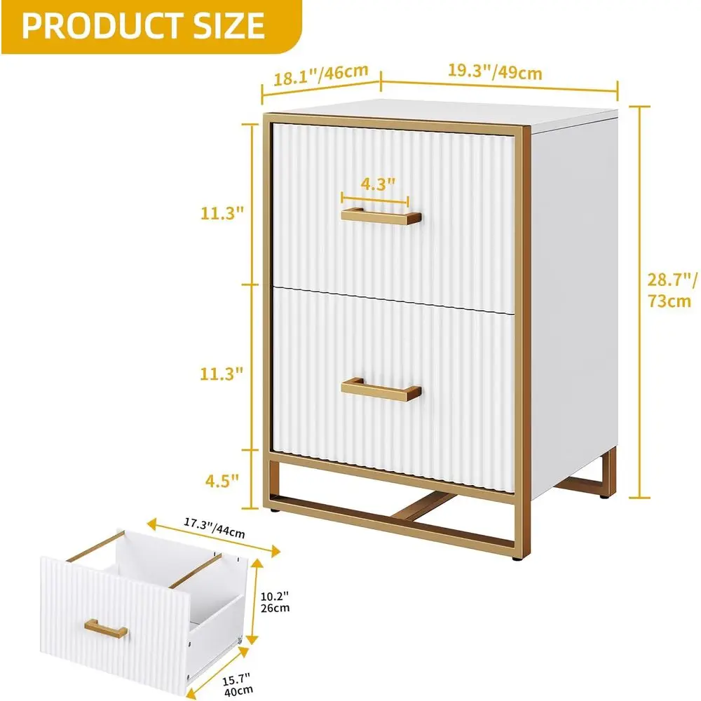 Vertical 2-Drawer Modern File Cabinet with Printer Stand, Home Office Storage in Gold and White