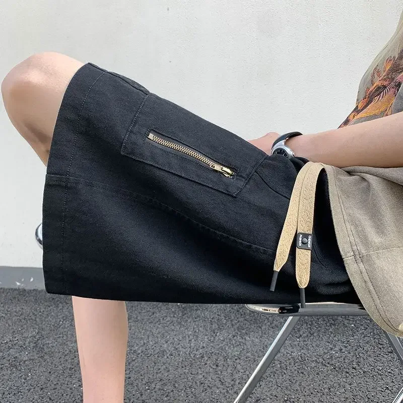 

Мужские шорты-бермуды-карго с эластичной резинкой на талии, свободные с карманами на шнурке, мешковатые длинные полуширокие однотонные короткие брюки для мужской одежды