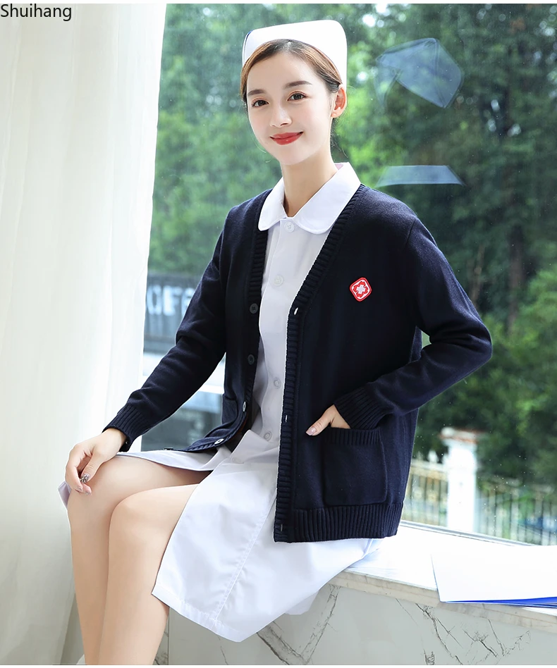 Nurse's sweater jacket, cardigan, navy blue, fleece and thick knit, the nurse's coat is warm in autumn and winter