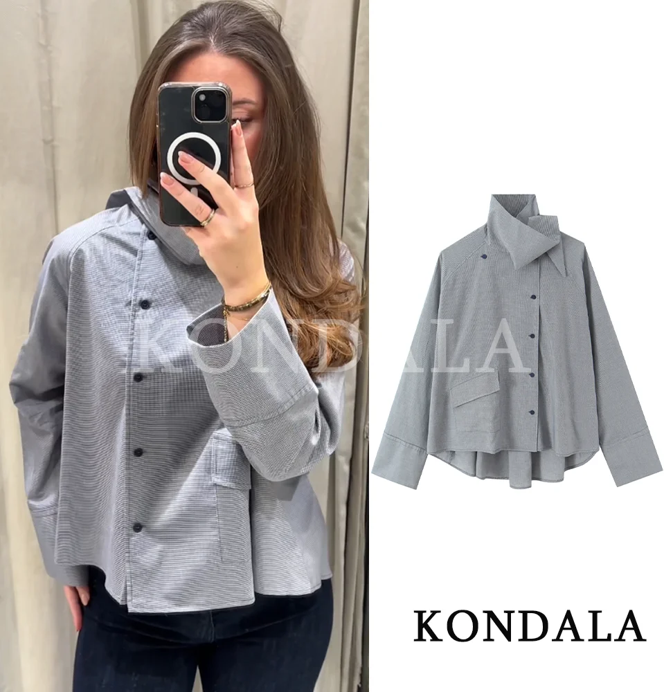 

Женская модная рубашка KONDALA в клетку, однобортная, с карманами, с длинным рукавом, новая коллекция 2026, весенняя, шикарная, для офиса