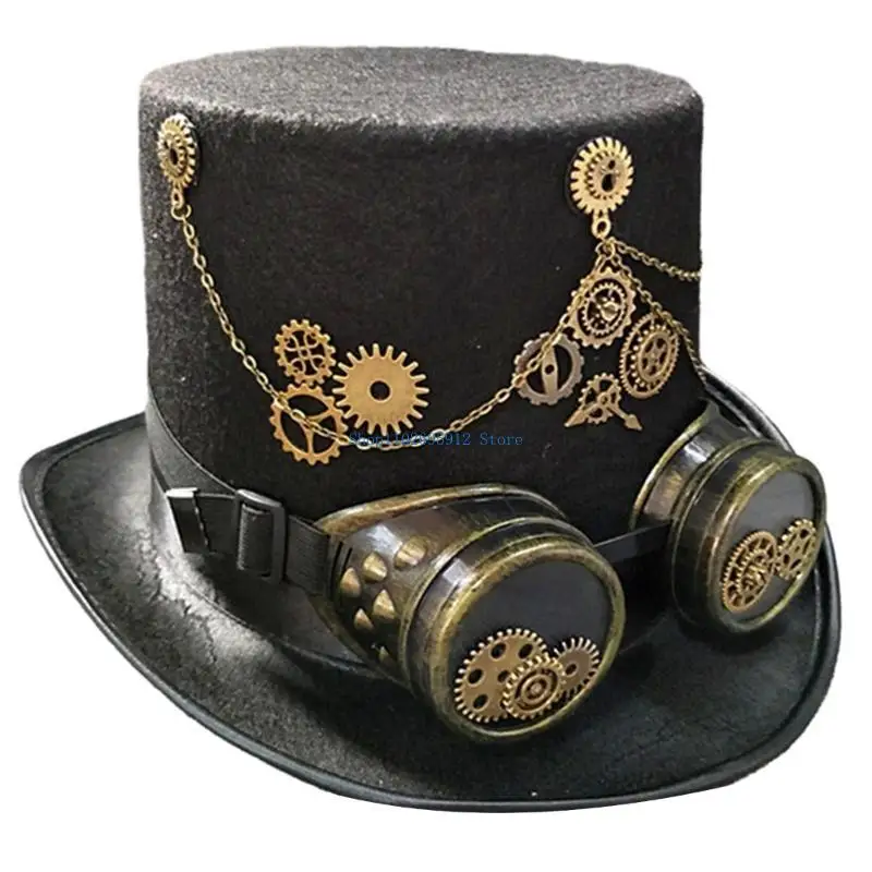 

N7YE Vintage Adult Man Women Steampunk Flat Top Hat with Goggles Halloween Metal Gear Decor Hat Gothic Cosplay Magician Hat