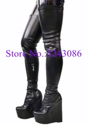 Black Leather Platform Wedge Long Boots Woman New Large Size 47 Over the Knee Boots Female Fashion Banquet Shoes Dropship