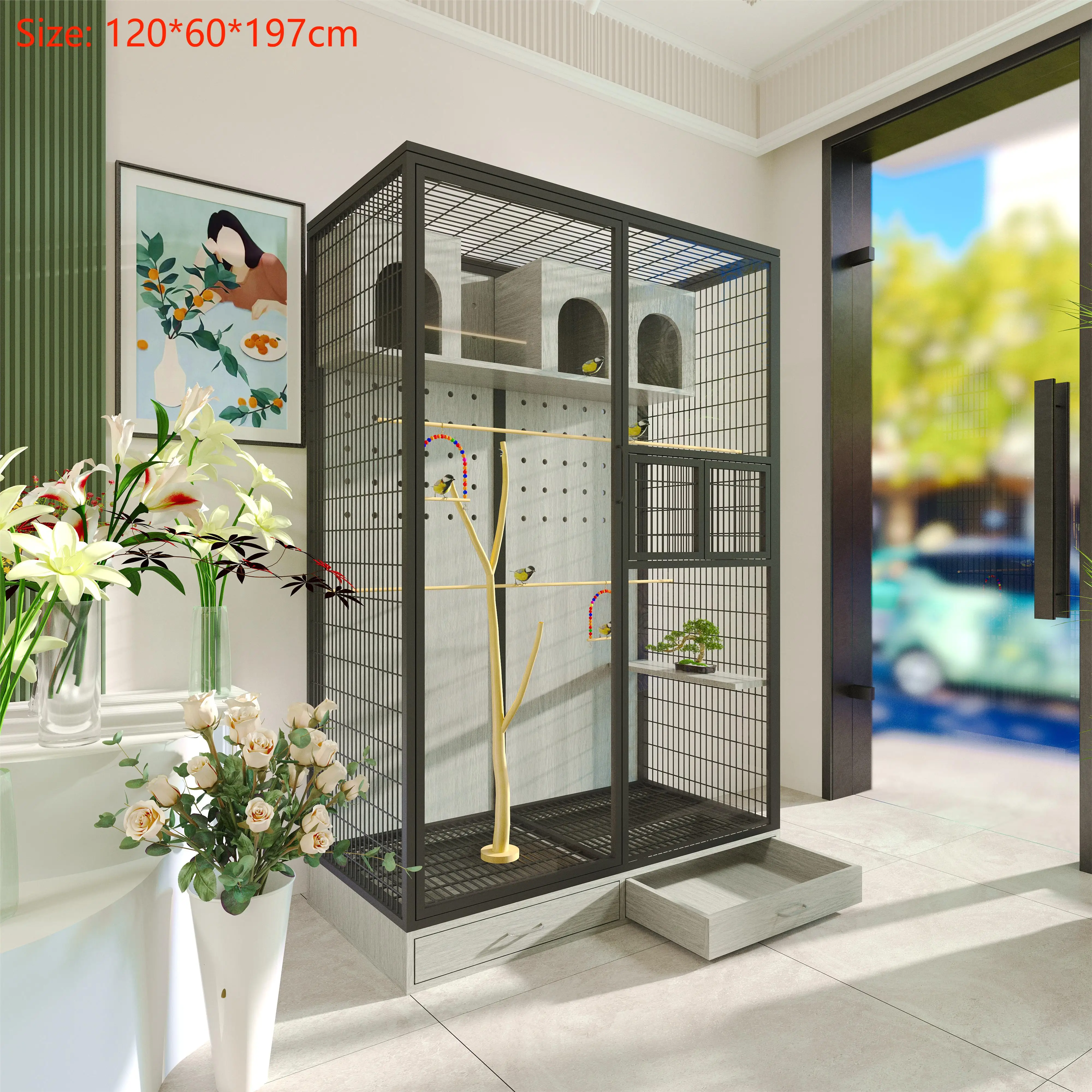 China Factory Price Solid Wood Transparent Glass Parrot Nest Box Bird Cage House Large Bird Cage Luxury Bird Cage