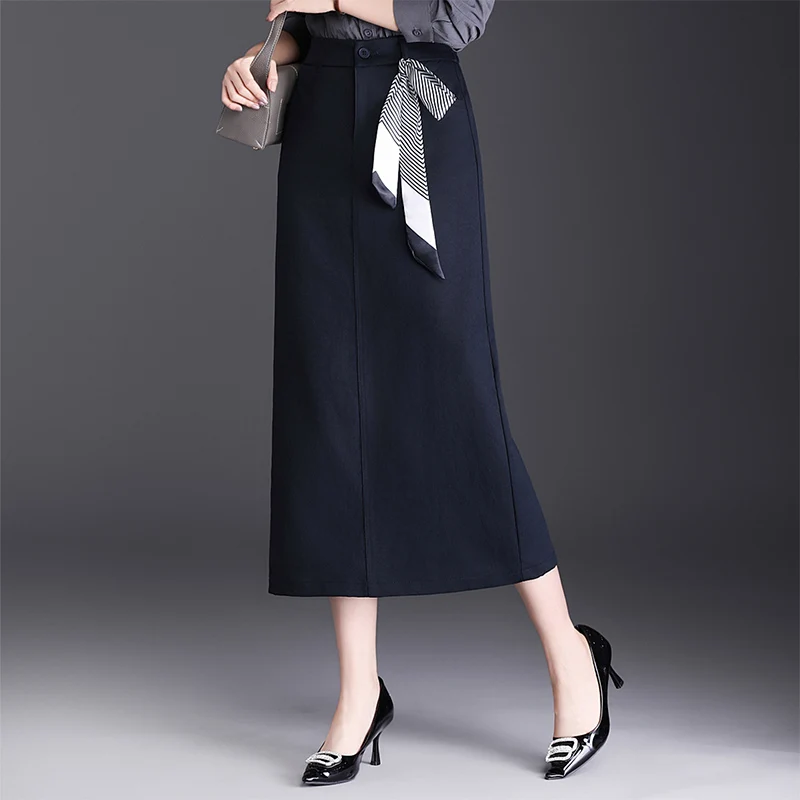 ZUZK New Straight Skirt Women Popular Scarf Decorative Skirt Elastic High Waist Bodycon Skirt Slim Elegant Office Work Skirt