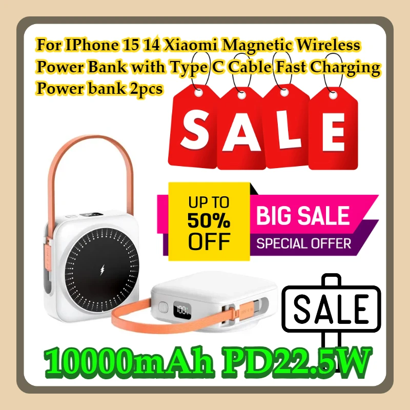 

For IPhone 15 14 Xiaomi Magnetic Wireless Power Bank 10000mAh PD22.5W with Type C Cable Fast Charging Power bank 2pcs