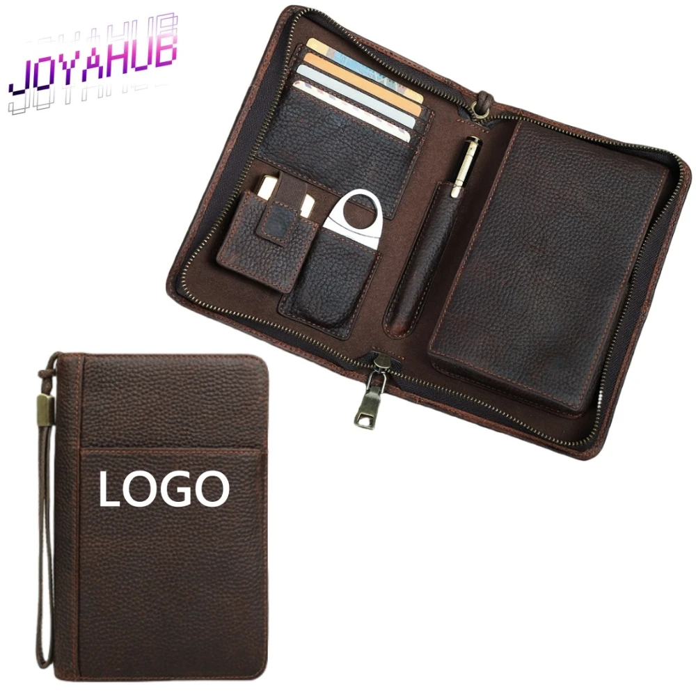 

Custom Logo Vintage Crazy Horse Leather Travel Organizer Multi-Functional Pockets Secure Zipper &Wrist Strap Retro Storage Case