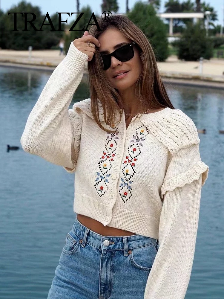 TRAFZA Women Autumn Fashion Embroidered Knitted Long Sleeve Sweater Cardigan Jacket Female Elegant Single Breasted Jacket Mujer